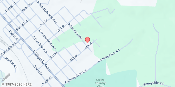 Map showing Crewe United Methodist Church at 607 E Georgia Ave, Crewe, VA