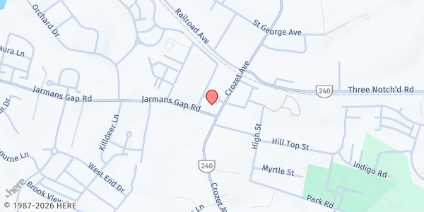 Map showing Grace Grocery @ Crozet United Methodist Church (UMC) at 1156 Crozet Avenue, Crozet, VA
