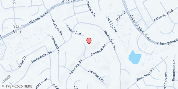 Map showing Holy Family Catholic Church Food Pantry at 14160 Ferndale Road, Dale City, VA