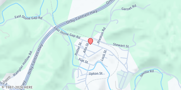 Map showing East Stone Gap Baptist Church at 3904 E Stone Gap Rd, East Stone Gap, VA
