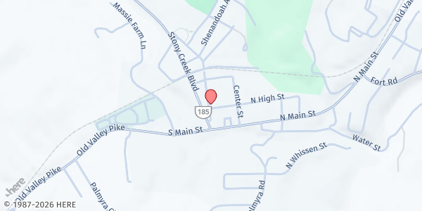 Map showing St. John's United Methodist Church at 116 S High St, Edinburg, VA