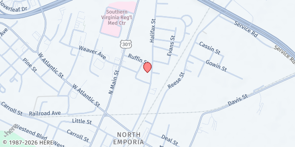 Map showing El Shaddai Ministries at 609 Halifax Street, Emporia, VA