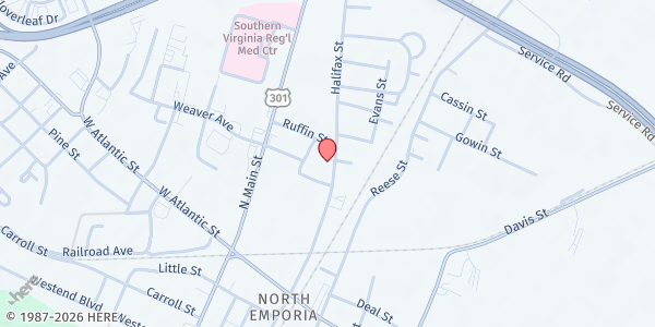 Map showing El Shaddai Ministry at 609 Halifax Street, Emporia, VA