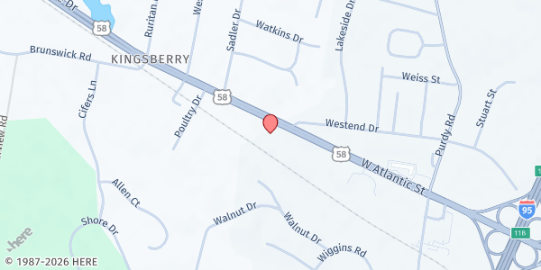 Map showing Faith Baptist Church at 951 W Atlantic St, Emporia, VA