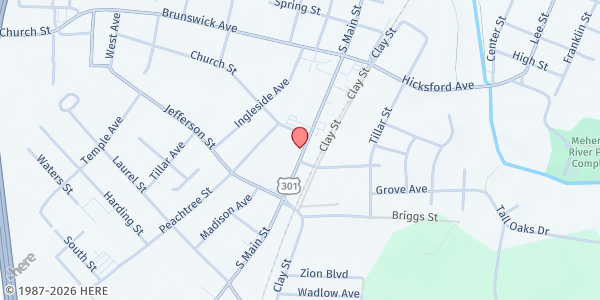 Map showing Main Street United Methodist Church at 500 S Main St, Emporia, VA