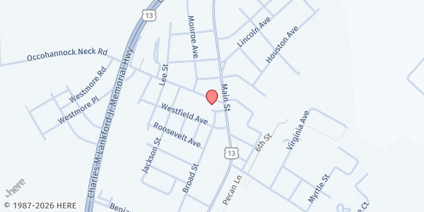 Map showing Exmore Baptist Church at 11624 Occohannock Neck Rd, Exmore, VA