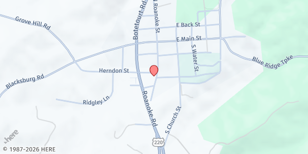 Map showing Botetourt Food Pantry at St. Marks Episcopal Church at 221 S. Roanoke St., Fincastle, VA