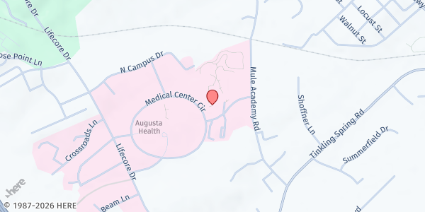 Map showing Augusta Health Main Campus Location at Suite 101 107 Medical Center Dr., Fishersville, VA