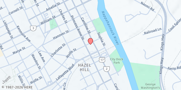 Map showing Barbara Carroll Community Outreach at 210 Wolfe St, Fredericksburg, VA