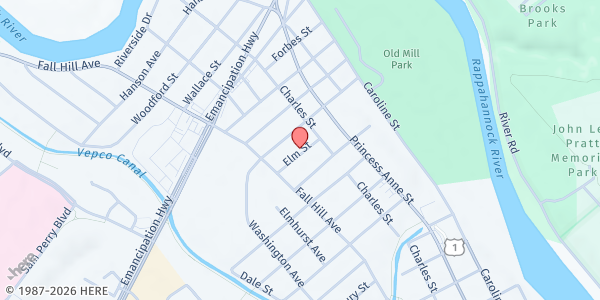 Map showing Fahass Food Pantry - Food Distribution Center at 415 Elm St, Fredericksburg, VA