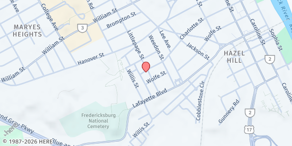Map showing Fairview Baptist Church - Food Distribution Center at 900 Charlotte St, Fredericksburg, VA