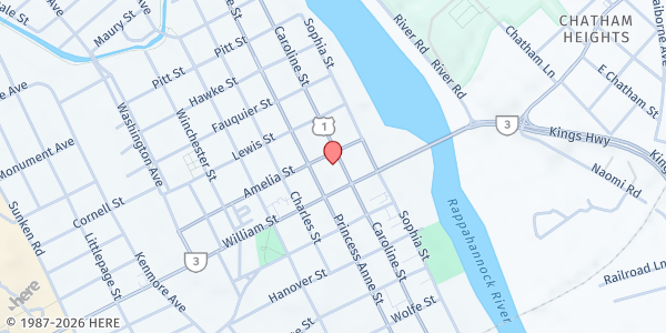 Map showing Fredericksburg Baptist Church at 1016 Caroline St, Fredericksburg, VA