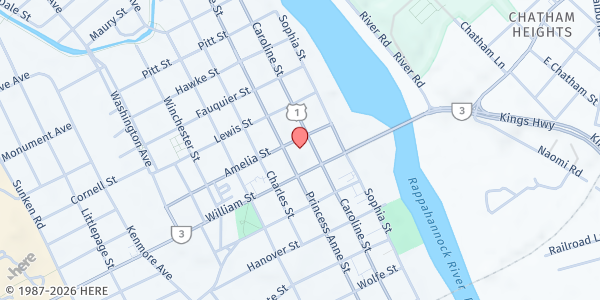 Map showing Fredericksburg Baptist Church at 1019 Princess Ann St., Fredericksburg, VA