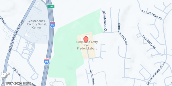 Map showing Germanna Community College - Main Campus at 10000 Germanna Point Dr, Fredericksburg, VA