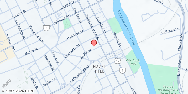 Map showing Mt. Zion Baptist Church at 309 Wolfe St, Fredericksburg, VA