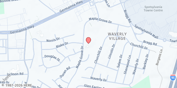 Map showing Peace United Methodist Church - Food Distribution Center at 801 Maple Grove Dr, Fredericksburg, VA