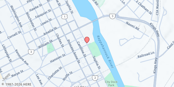 Map showing Shiloh Baptist Church - Food Distribution Center at 801 Sophia St, Fredericksburg, VA