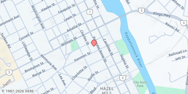 Map showing The Presbyterian Church at 803 Princess Anne St, Fredericksburg, VA