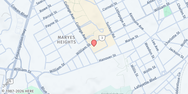 Map showing Trinity Episcopal Church at 825 College Ave., Fredericksburg, VA