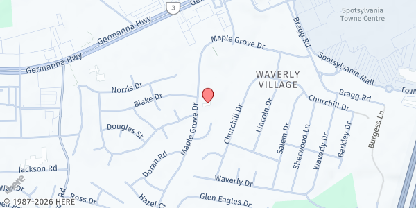 Map showing Peace United Methodist Church at 801 Maple Grove Dr., Fredricksburg, VA