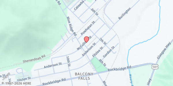 Map showing Natural Bridge/Glasgow Food Pantry - Food Distribution Center at 735A McCulloch St, Glasgow, VA