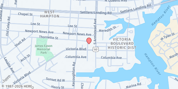 Map showing First Presbyterian Church of Hampton at 514 South Armistead Avenue, Hampton, VA