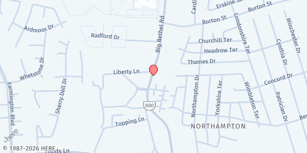 Map showing Liberty Live Baptist Church at 1021 Big Bethel Road, Hampton, VA