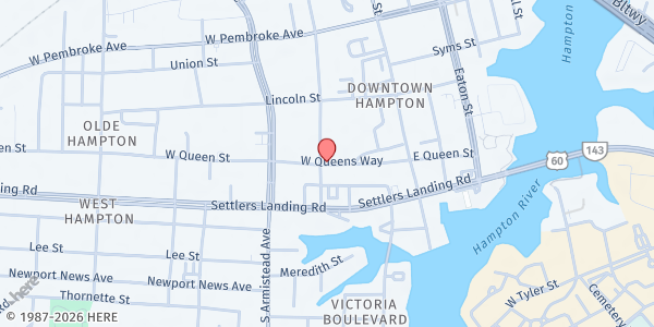 Map showing Queen Street Baptist Church at 190 West Queens Way, Hampton, VA