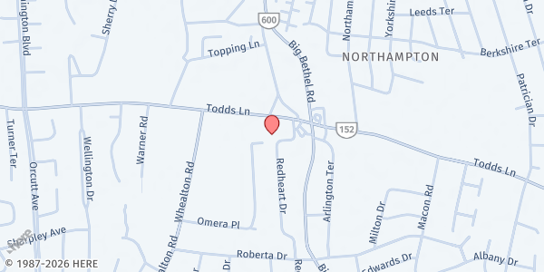 Map showing Todds Lane Bible Church at 1228 Todds Lane, Hampton, VA