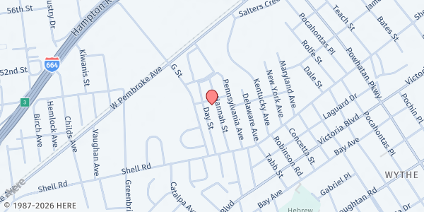 Map showing United Family Worship Center at 667 Hannah Street, Hampton, VA