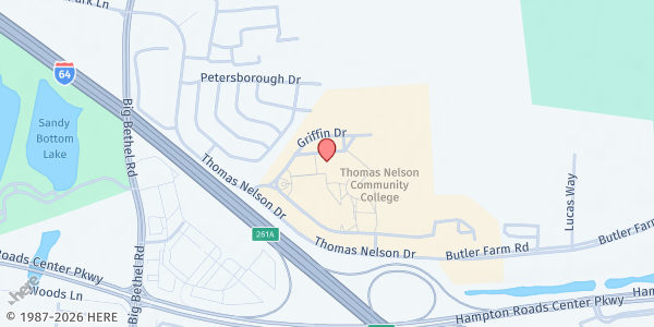 Map showing Virginia Peninsula Community College - Kecoughtan Hall at 99 Thomas Nelson Drive, Hampton, VA