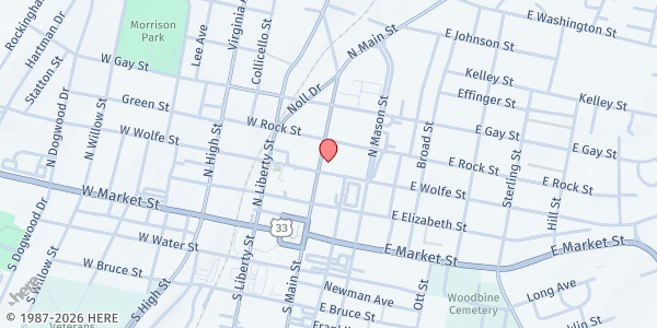 Map showing Food Pantry at The Holy Family Center at 2 E. Wolfe St., Harrisonburg, VA