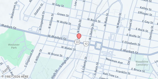 Map showing Paideia Global, Inc at 176 W. Market St., Harrisonburg, VA