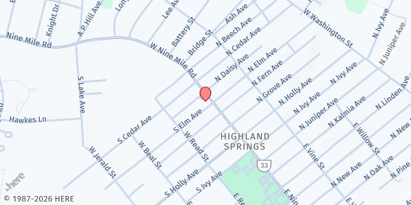 Map showing Living Hope Church Food Pantry at 301 West 9 Mile Road, Highland Springs, VA