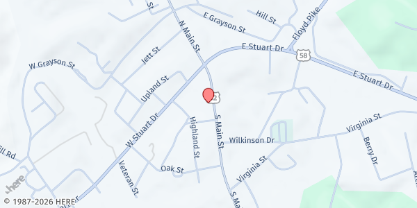 Map showing Hillsville Presbyterian Church at 172 S Main St, Hillsville, VA