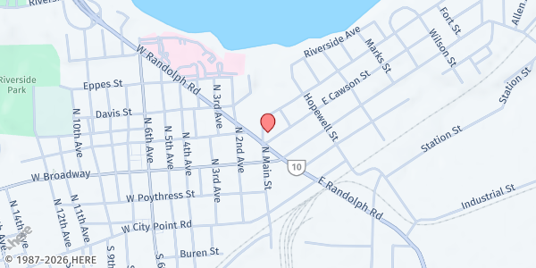 Map showing Beacon Hill Church at 401 North Main Street, Hopewell, VA