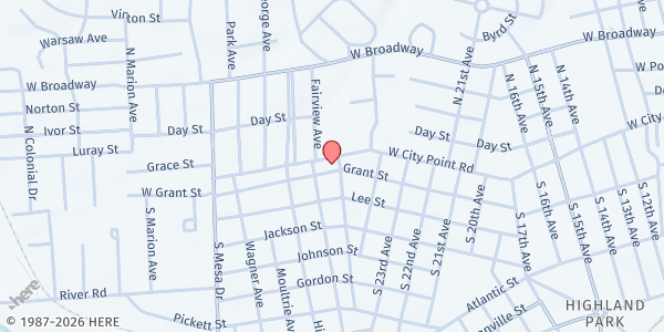 Map showing Family Worship and Praise Center at 100 South 25th Avenue, Hopewell, VA