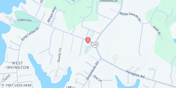 Map showing Irvington Baptist Church at 53 King Carter Dr, Irvington, VA