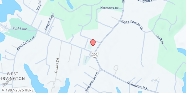 Map showing Irvington United Methodist Church at 26 King Carter Dr, Irvington, VA