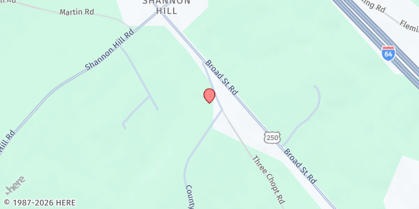 Map showing County Line Baptist at 4070 County Line Road, Kents Store, VA