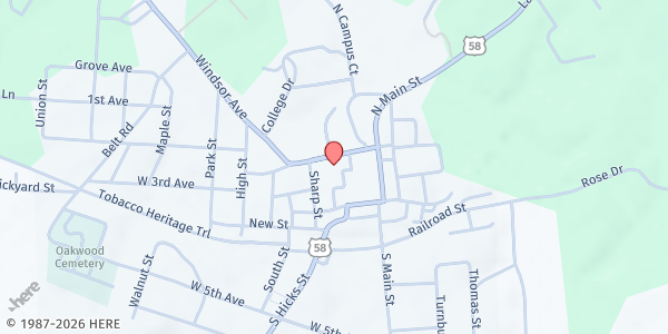 Map showing Lawrenceville U.M Church at 300 West Church Street, Lawrenceville, VA