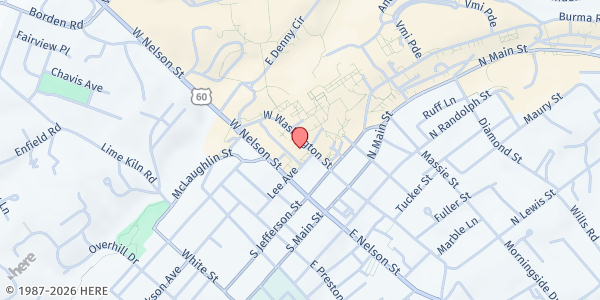 Map showing Campus Kitchen @ Washington and Lee University at 204 West Washington Street, Lexington, VA