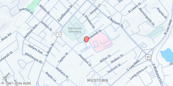 Map showing Rockbridge Area Relief Association at 350 Spotswood Drive, Lexington, VA
