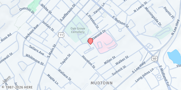 Map showing Rockbridge Area Relief Association at 350 Spotswood Dr., Lexington, VA