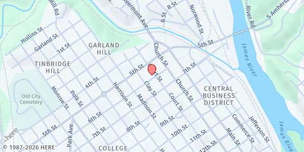 Map showing Court Street Baptist Church at 517 Court St., Lynchburg, VA