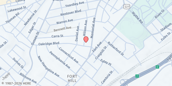 Map showing Fort Hill United Methodist Church at 106 Oakridge Blvd, Lynchburg, VA