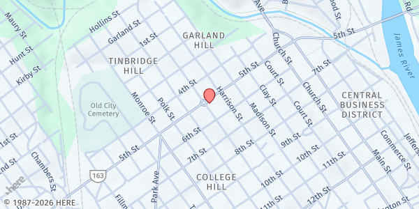 Map showing Madison Street House of the Arts at 607 Madison Street, Lynchburg, VA