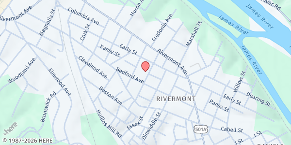Map showing Red Truck Ministry - Rivermont Baptist Church at 400 Fauquier St, Lynchburg, VA