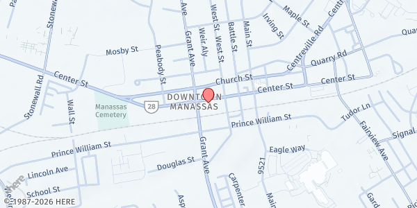 Map showing Mountaintop Dinner Experience at 9213 Center St., Manassas, VA