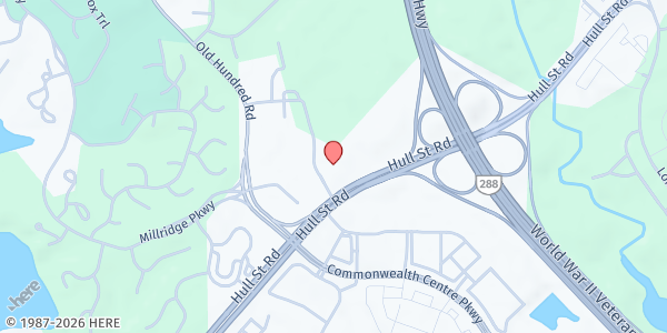 Map showing Tomahawk Baptist Church at 12920 Hull Street Road North, Midlothian, VA